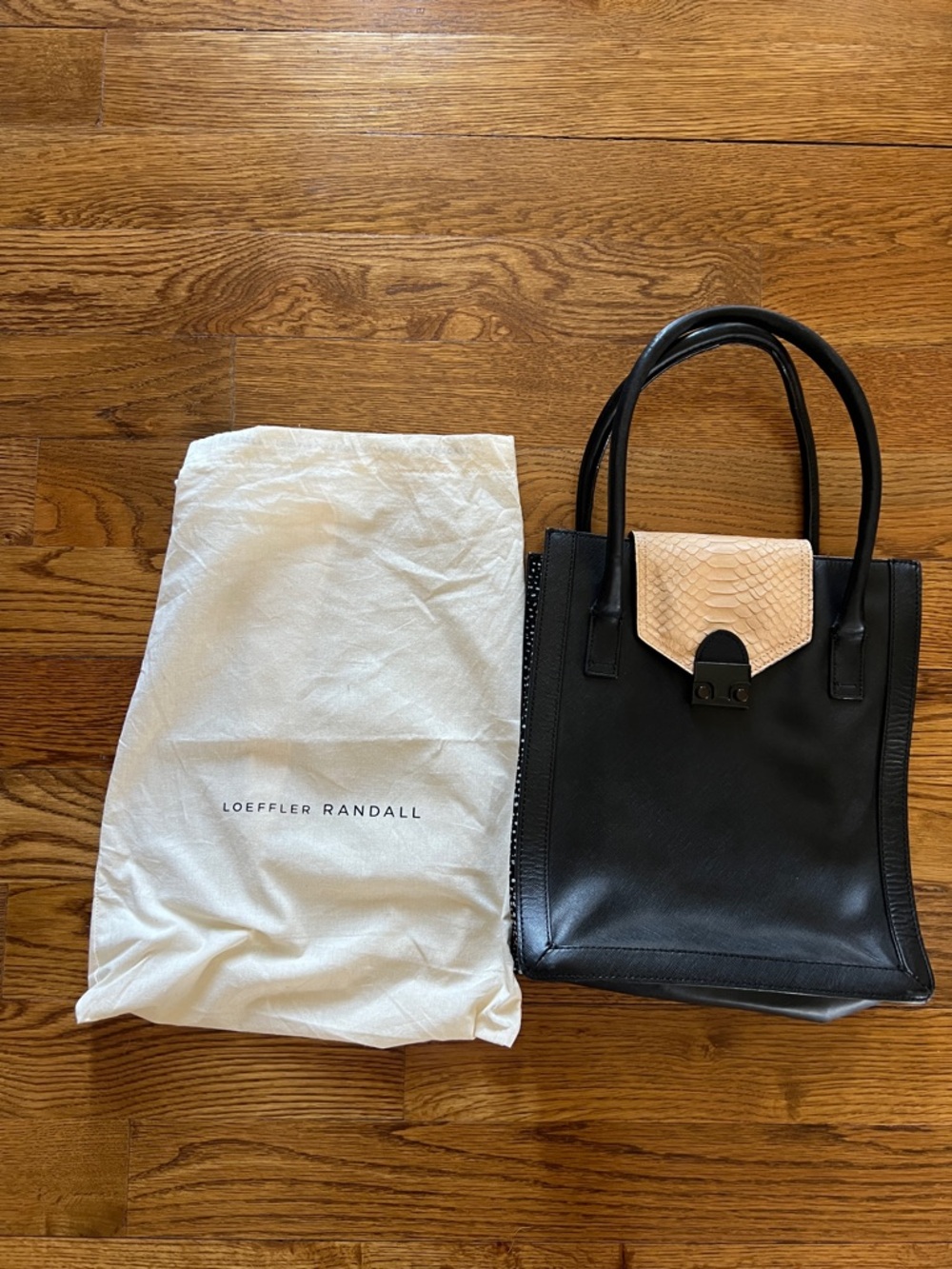 Loeffler Randall Black Leather handbag  with Cream Snakeskin Flap